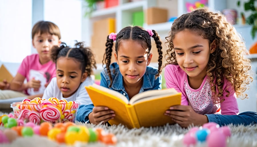 Children from various cultural backgrounds enjoying a freeze dried candy-themed book, symbolizing diversity and inclusivity