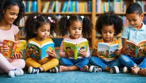 A group of children in a library setting, holding books with subtle mature themes, while parents and educators guide a thoughtful discussion about vaping.