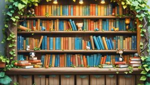 Illustration of a whimsical bookshelf with children's books featuring diverse themes like inclusivity and social challenges, surrounded by a warm and inviting atmosphere.