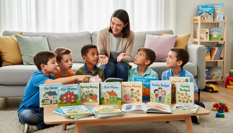 Collection of children's books about money and homeownership arranged on wooden table