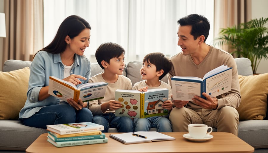Family having supportive conversation at kitchen table with children's book