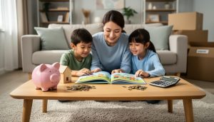 Parent and two children reading a picture book on a living-room rug next to a piggy bank, small wooden house, coins, and a calculator, with a cozy sofa, bookshelves, and a few moving boxes softly blurred in the background.