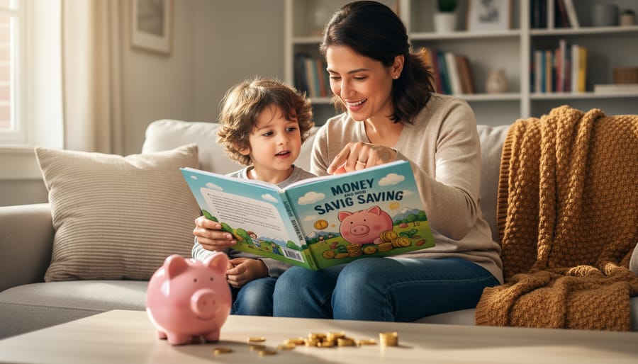 Parent and young child reading a colorful picture book together on couch