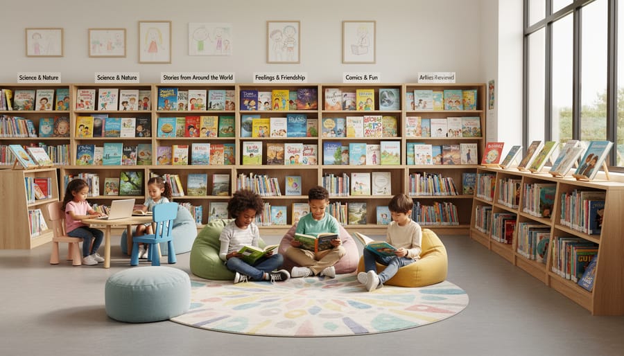 Diverse collection of children's books organized on library shelf