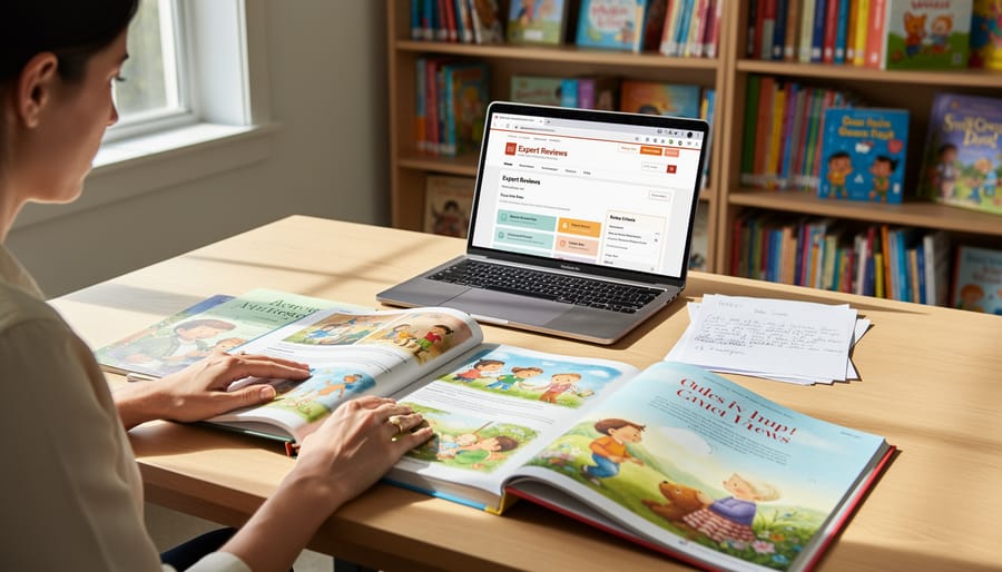 Parent and child reading together surrounded by children's books
