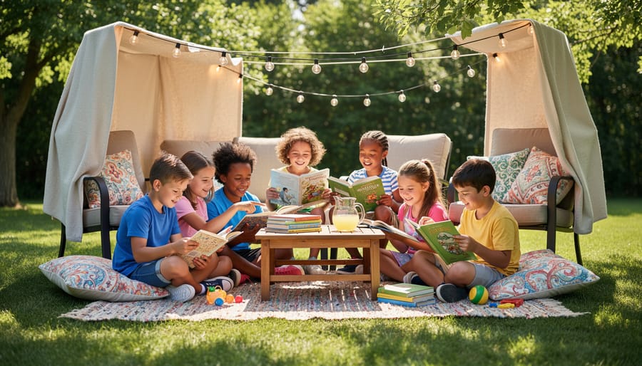 Kids reading in a backyard blanket-and-pillow fort outdoors