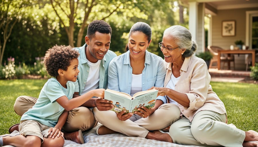 Family members reading the same book together outdoors at a small table
