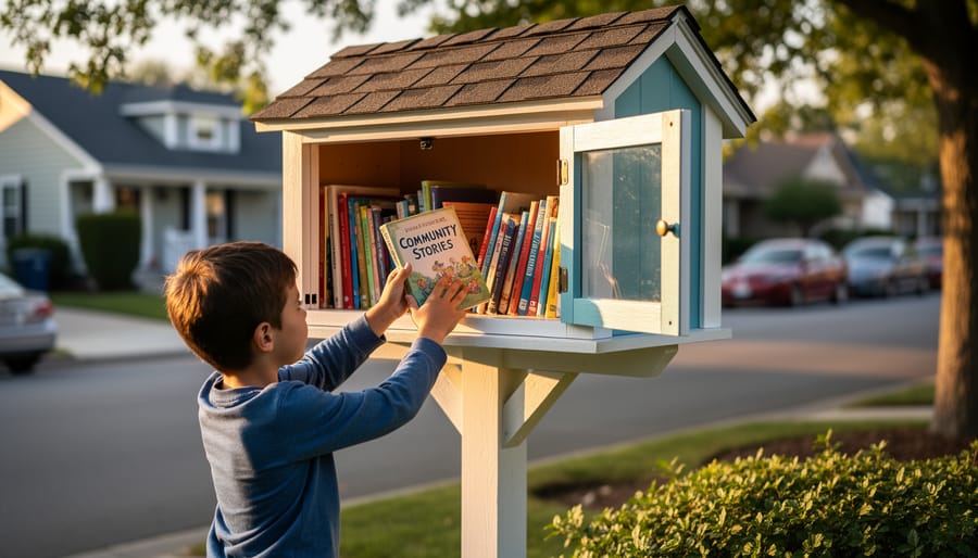 A child placing a book into a little free library wooden box