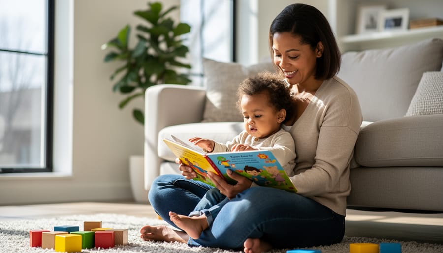 A parent and toddler sitting together and looking at an open board book in a cozy reading area.