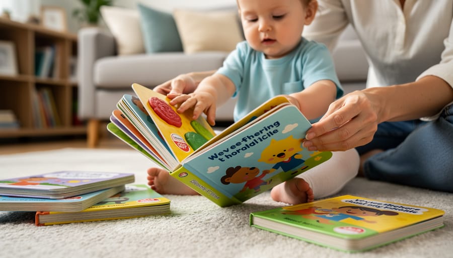 Close view of a toddler’s fingers lifting flaps on a sturdy interactive board book on a table.