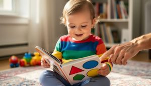 Two-year-old smiling while reading a colorful board book on the floor, pointing at illustrated shapes in a bright living room.