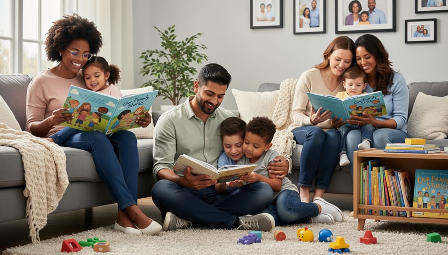 Two families of different backgrounds reading open board books together indoors near a window.