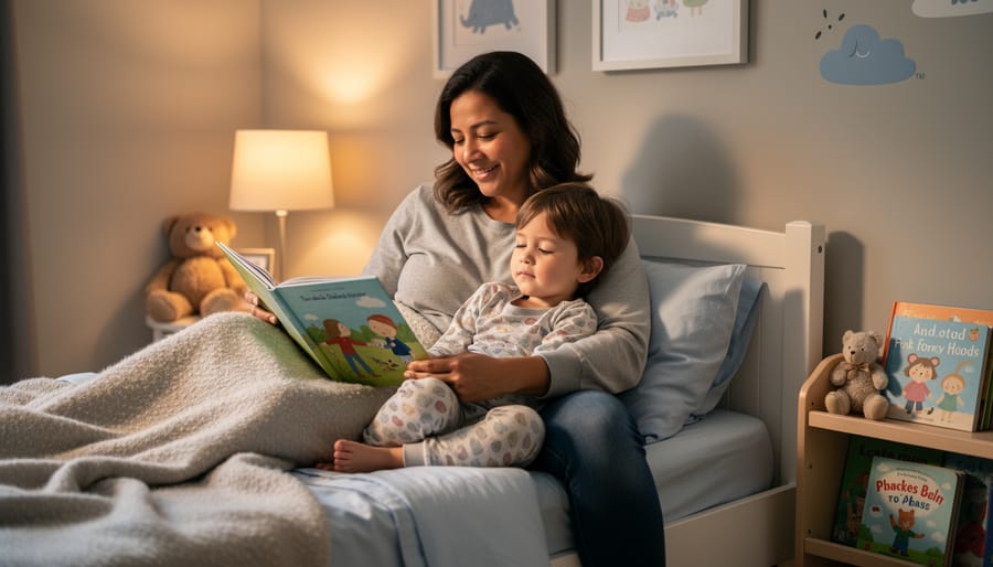 Warm bedtime scene with an open board book on a blanket beside a child and parent.
