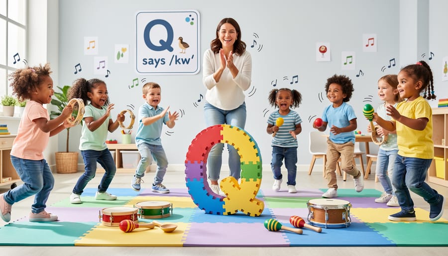 Children playing with a toy duck set and a small drum in a bright living-room style learning space.