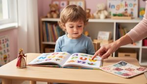 Preschooler at a small table looking at an open alphabet book while a parent’s hand points, with a queen toy and quilt on the side.