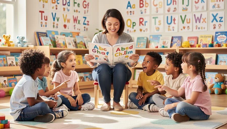 A caregiver reads a picture book with preschoolers during story time on a colorful rug.