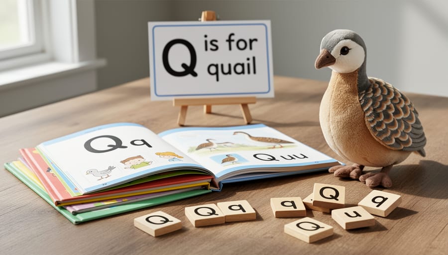 A picture book and wooden letter tiles in a reading nook with a plush animal toy nearby.