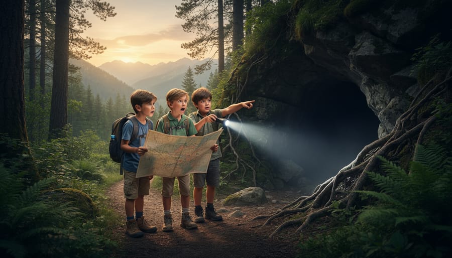 A child explorer holding a flashlight in a dark forest clearing at dusk