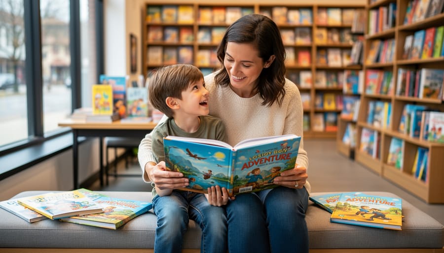 A parent and child sitting together reading open adventure books in a cozy living room