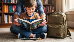 Parent and child examining an open middle-grade adventure book on the living-room floor with a compass and magnifying glass nearby