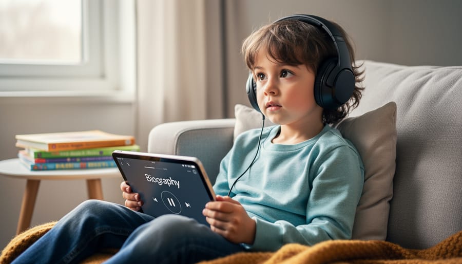 A child wearing headphones listens to a biography audiobook on a tablet in a cozy room.