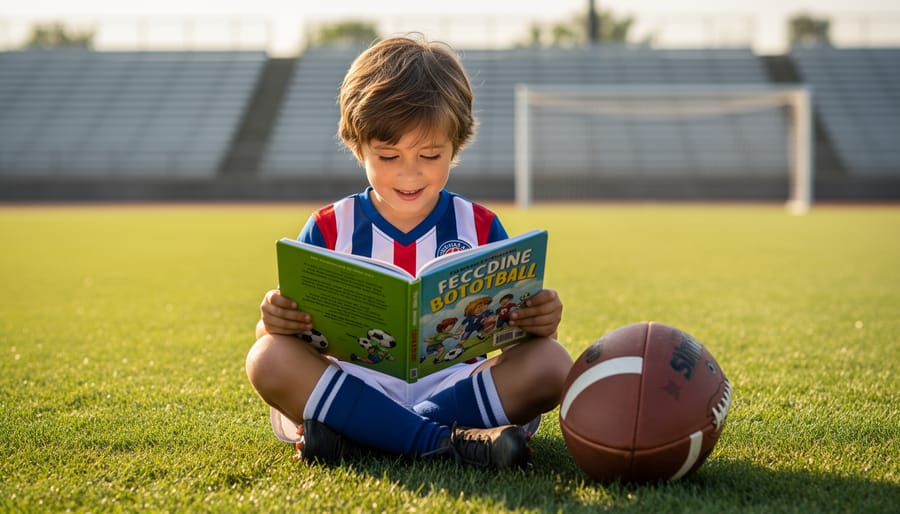 A child reading a football-themed book on a soccer field while holding a soccer ball.