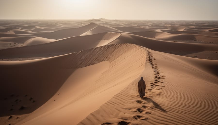 Wide view of desert sand dunes at dusk with long shadows and distant rocky outcrops