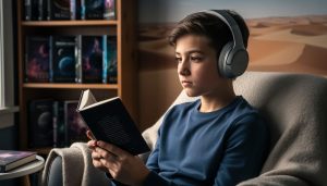 “Teen wearing over-ear headphones listening to an audiobook in a quiet reading nook, with a sci-fi themed background.”