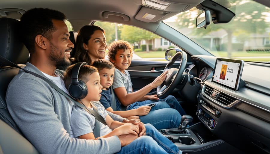 A family in a car with a child listening through headphones to an audiobook while the parent drives.