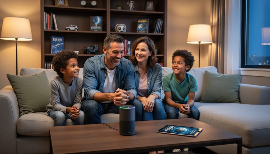 Parent and teens listening to audiobooks with headphones in a cozy reading nook