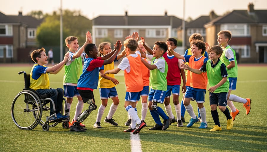 A diverse group of kids playing soccer while holding football books on a community field.