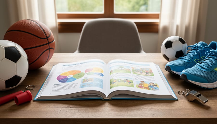 An open football book on a wooden table with sports equipment in the background.